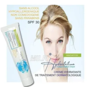 Crème Milk Hydratation SPF 30, hydratante, hypoallergénique, sans alcool, non comédogène et sans parabens.