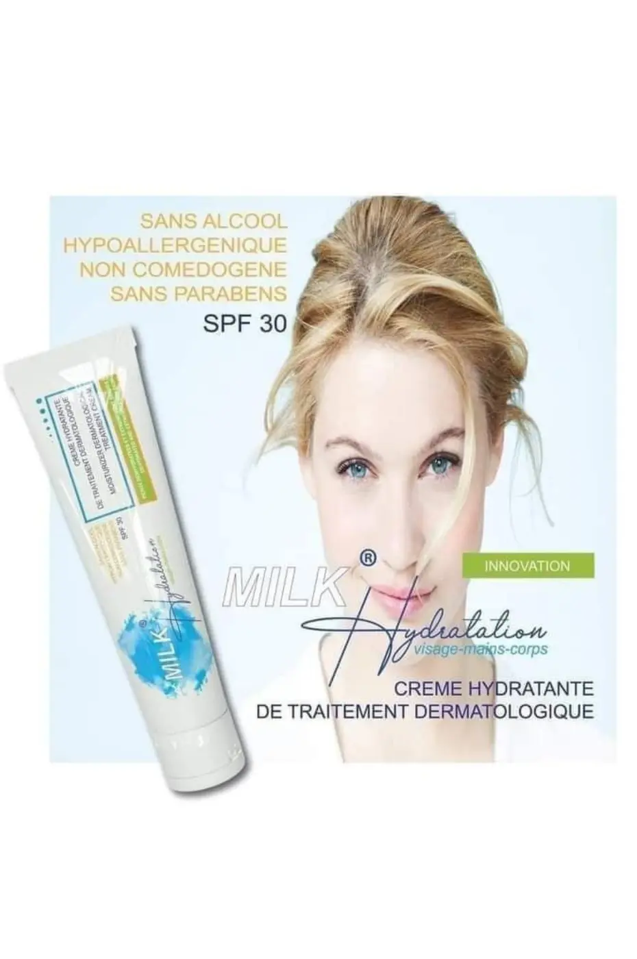 Milk Hydratation Crème Hydratante Visage Corps SPF 30 Crème Milk Hydratation SPF 30, hydratante, hypoallergénique, sans alcool, non comédogène et sans parabens.