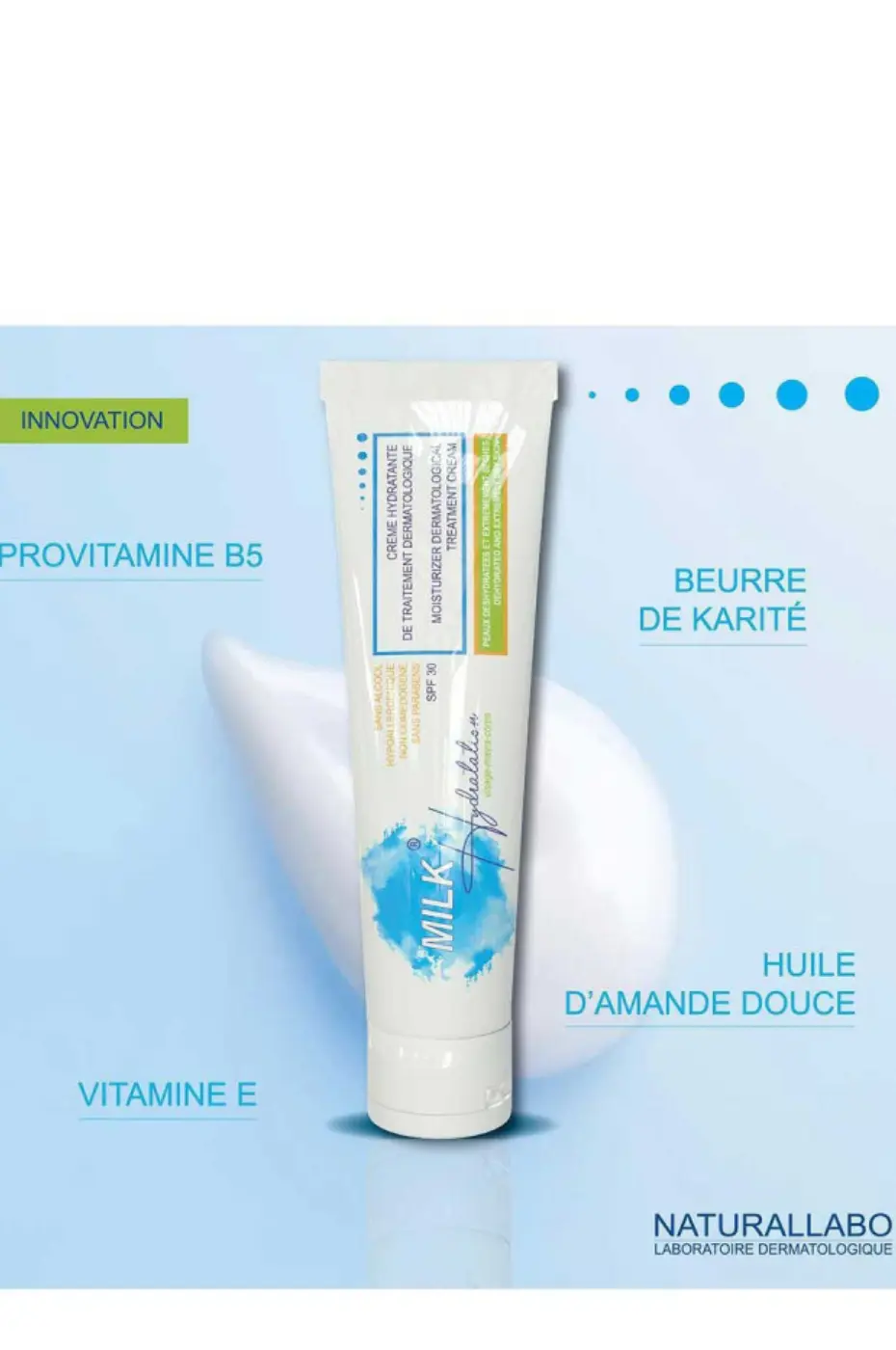 Milk Hydratation Ingrédients Actifs Beurre Karité Amande Douce Tube de crème Milk Hydratation SPF 30 avec Provitamine B5, Vitamine E, Beurre de Karité et Huile d'Amande Douce.