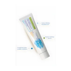 Tube MILK Naturallabo SPF30 avec annotations : apaise, hydrate immédiatement et restaure les peaux sensibles ou abîmées.