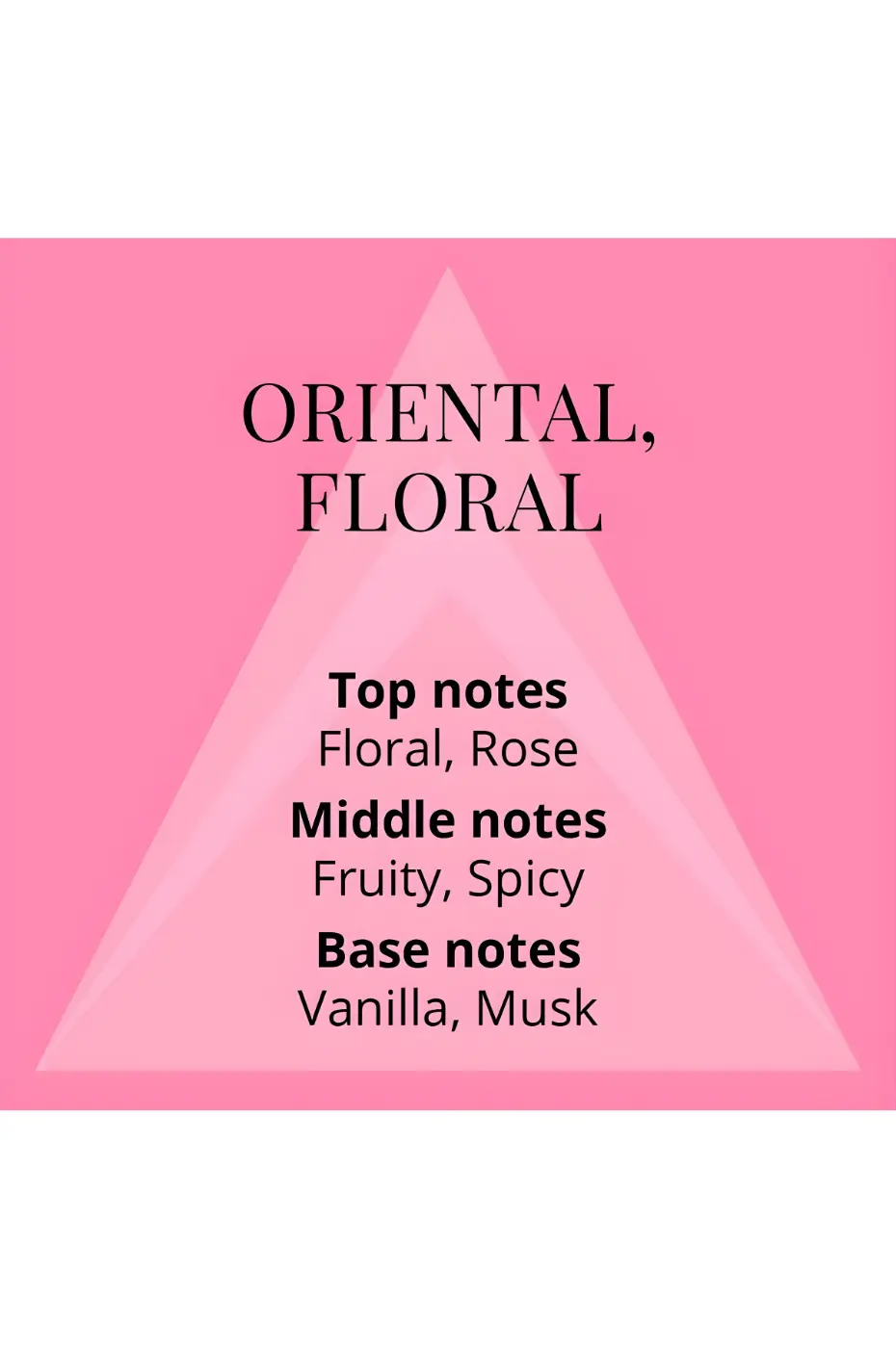 Notes Olfactives Pyramide olfactive Oriental Floral. Notes de tête : Rose. Notes de cœur : Fruité, Épicé. Notes de fond : Vanille, Musc.