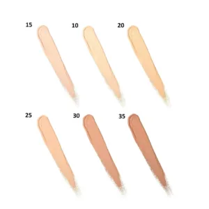 Nuancier des 6 teintes principales (15, 10, 20, 25, 30, 35) du Correcteur Liquide Maybelline Fit Me.