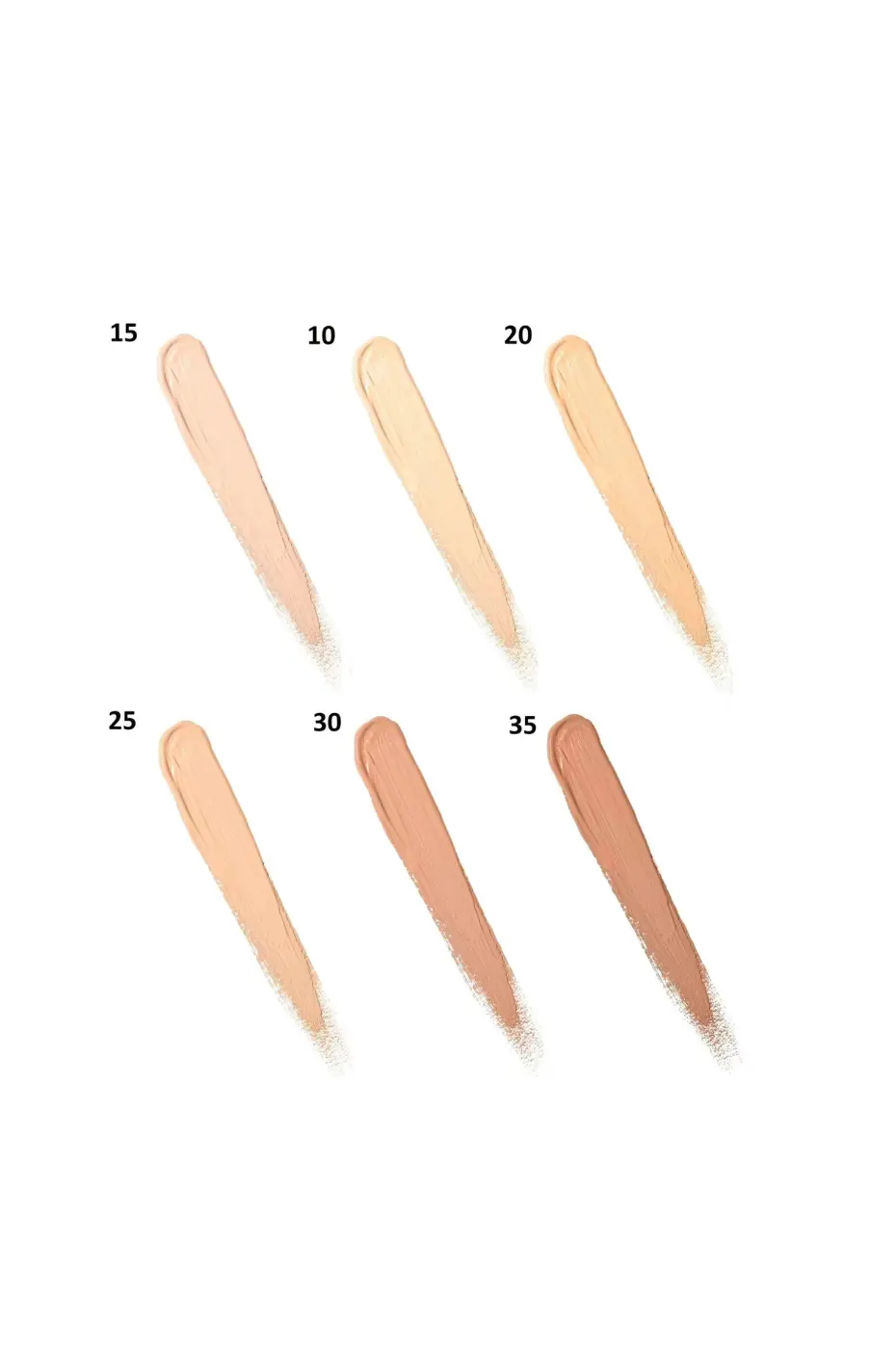 Nuancier des Teintes Maybelline Nuancier des 6 teintes principales (15, 10, 20, 25, 30, 35) du Correcteur Liquide Maybelline Fit Me.