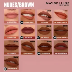 Nuancier lèvres du Super Stay Matte Ink Maybelline (Nudes/Brown) : 12 teintes, dont Amazonian (70), Seeker (245), Warrior (530).