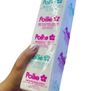 Paquet de 100 bandes de papier épilation Pollie Dépilar, extra résistantes pour usage professionnel, tenu dans une main.