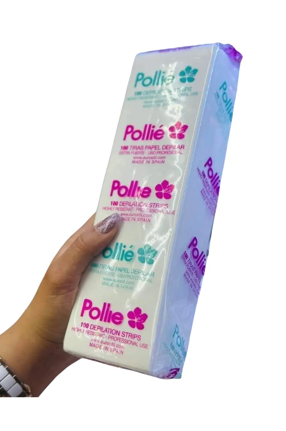 Paquet de 100 Bandes Épilation Pollie Paquet de 100 bandes de papier épilation Pollie Dépilar, extra résistantes pour usage professionnel, tenu dans une main.