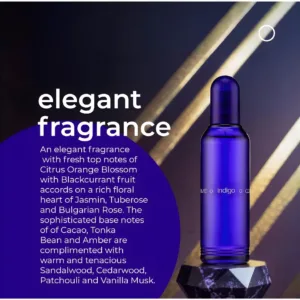 Flacon Colour Me Indigo à côté de la description "elegant fragrance" et des notes olfactives complètes du parfum.
