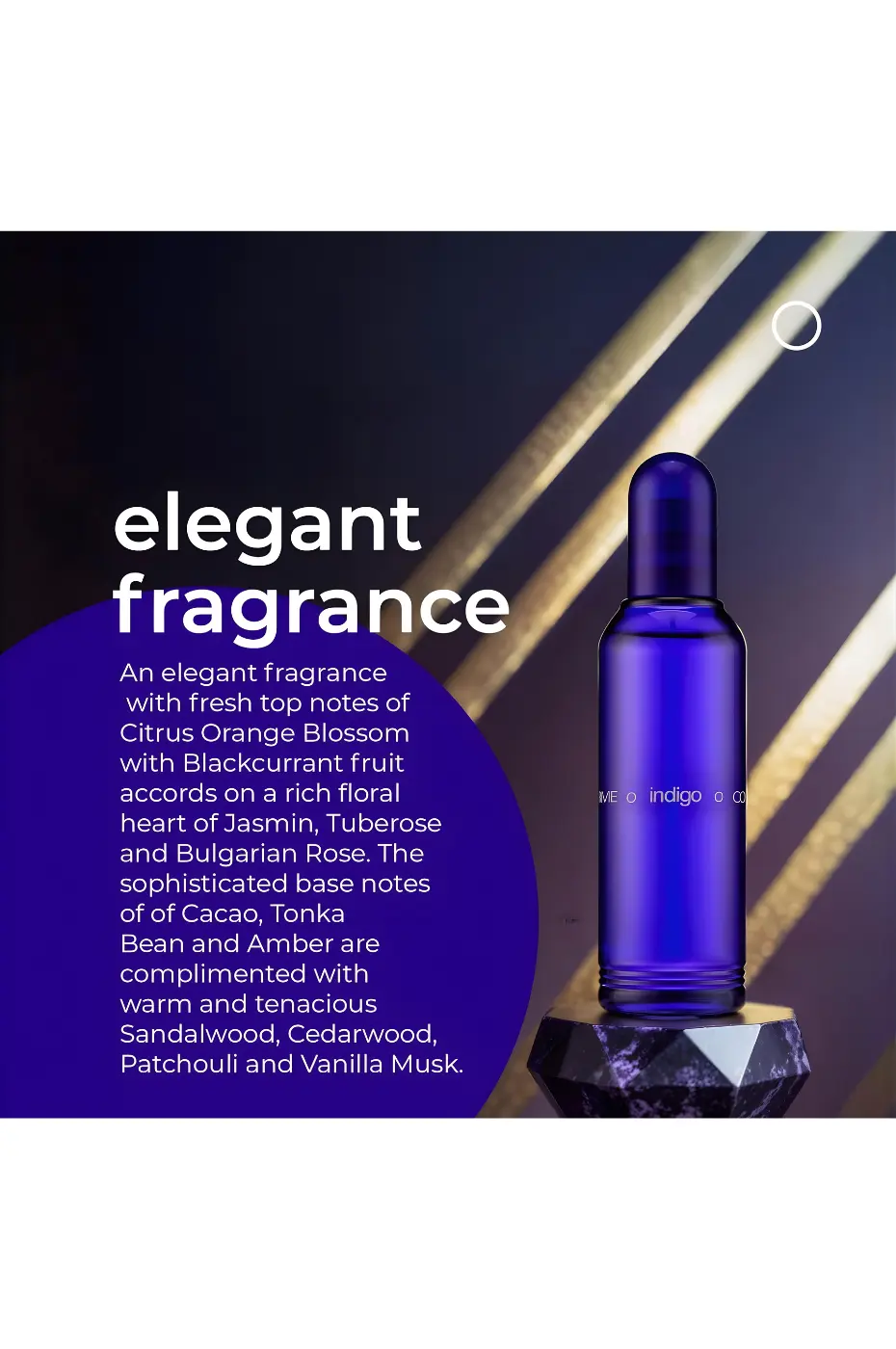 Parfum Élégant Flacon Colour Me Indigo à côté de la description "elegant fragrance" et des notes olfactives complètes du parfum.