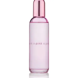 Flacon de parfum Colour Me Pink 100ml pour femme, de couleur rose pâle avec un capuchon rose métallisé, sur fond blanc.