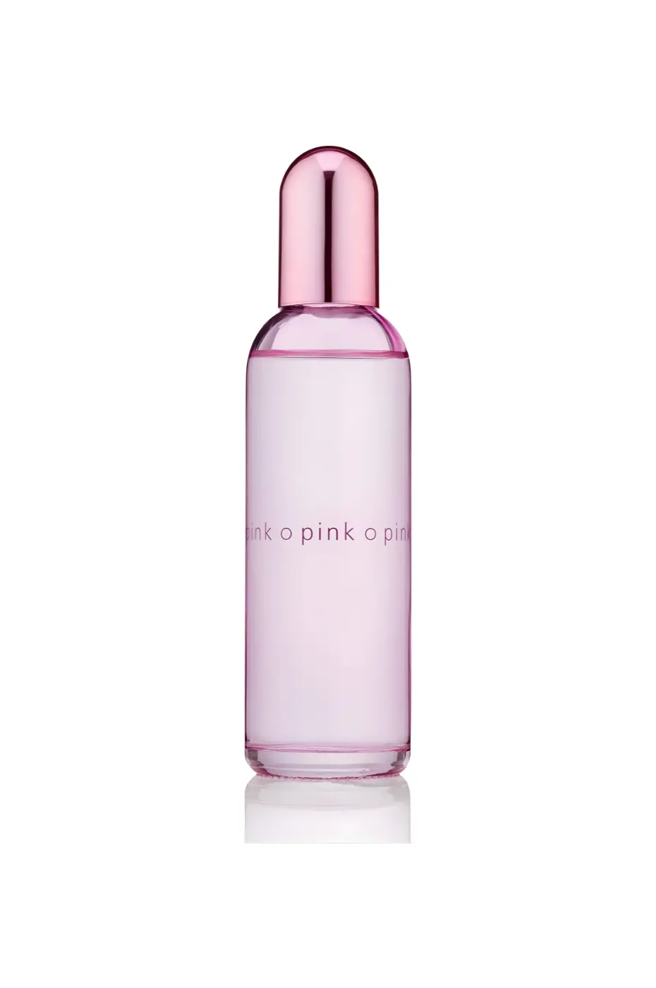 Parfum Floral Fruité Flacon de parfum Colour Me Pink 100ml pour femme, de couleur rose pâle avec un capuchon rose métallisé, sur fond blanc.