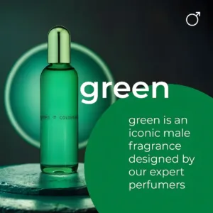 Flacon de parfum Colour Me Green pour homme sur socle sombre. Texte : "Iconic male fragrance designed by our expert perfumers".