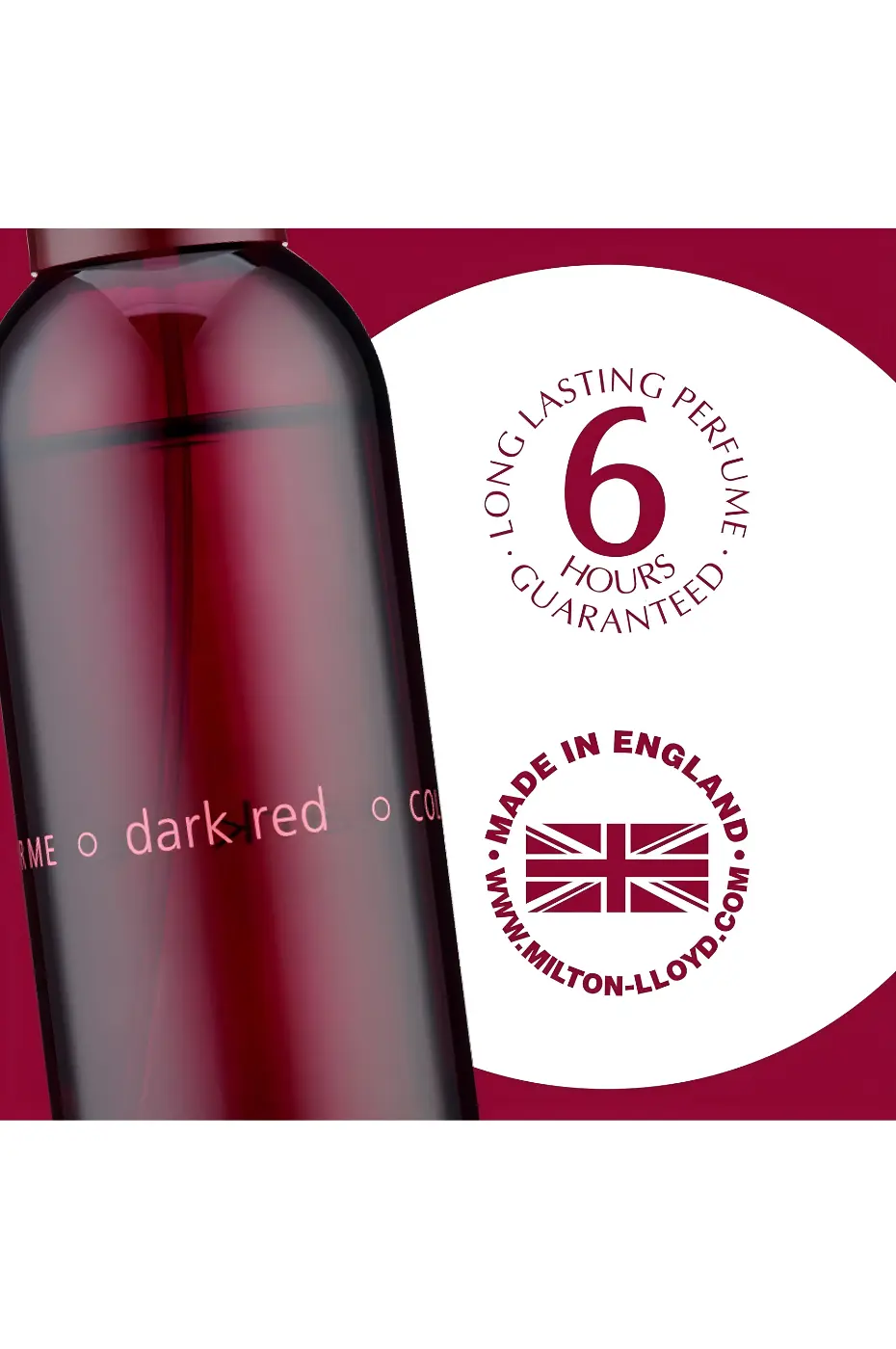 Parfum Longue Durée 6h Garanti Détail du flacon Dark Red avec la garantie d'une longue tenue de 6 heures et la mention "Made in England" (Fabriqué en Angleterre).