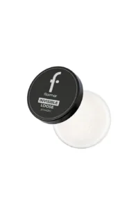 Boîtier de Poudre Libre Invisible Flormar Silver Sand, couvercle noir à côté de la poudre blanche. Maquillage fixant.