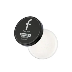 Boîtier de Poudre Libre Invisible Flormar Silver Sand, couvercle noir à côté de la poudre blanche. Maquillage fixant.