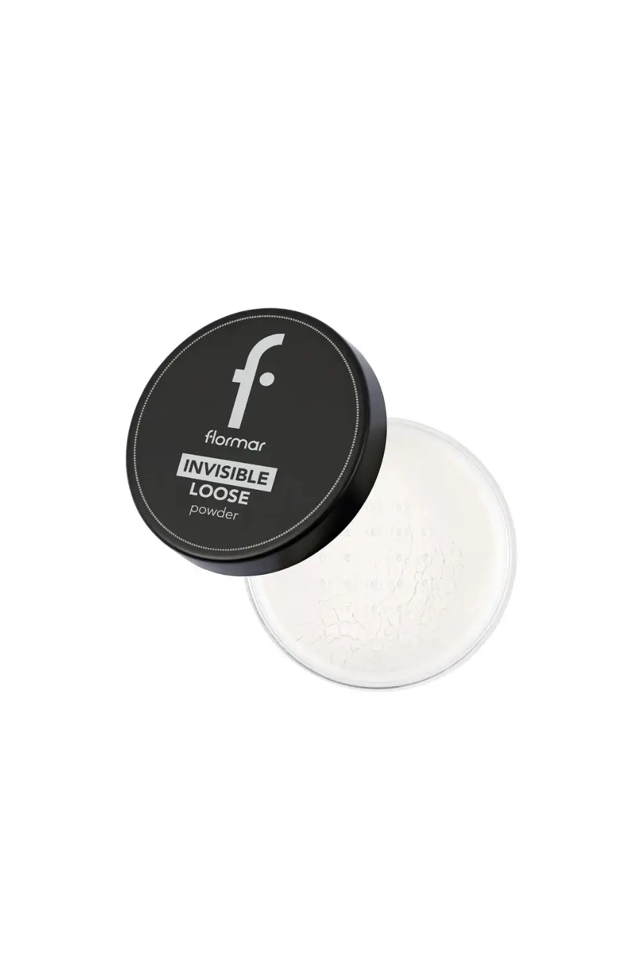 Poudre Libre Invisible Flormar Boîtier de Poudre Libre Invisible Flormar Silver Sand, couvercle noir à côté de la poudre blanche. Maquillage fixant.