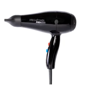 Sèche-cheveux noir professionnel MEGA POWER PRO 6000 avec boutons de réglage rouge et bleu, puissance de 2200W.