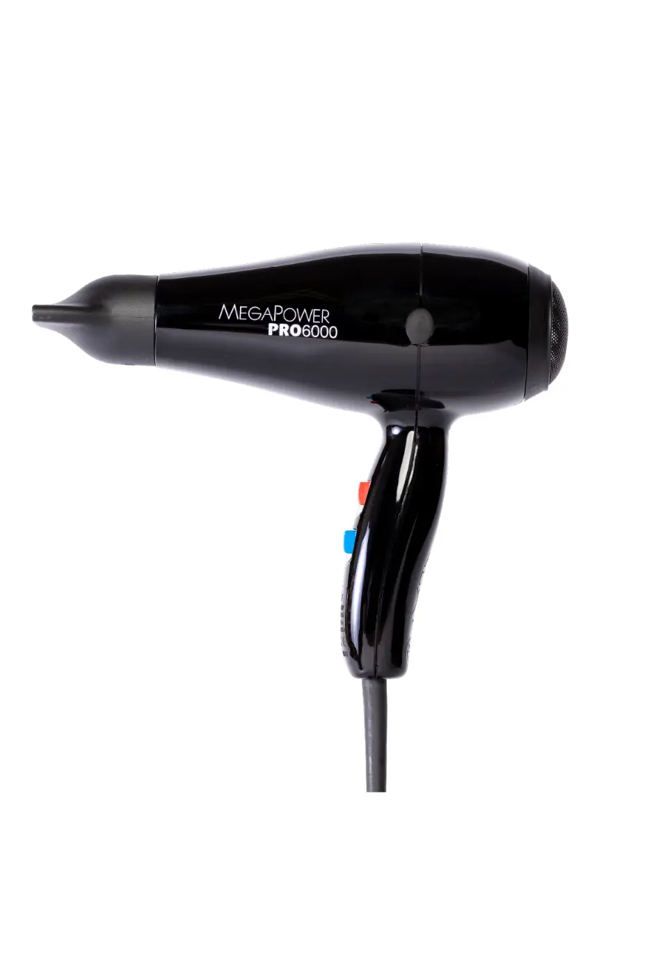 Professionnel MEGA POWER Sèche-cheveux noir professionnel MEGA POWER PRO 6000 avec boutons de réglage rouge et bleu, puissance de 2200W.