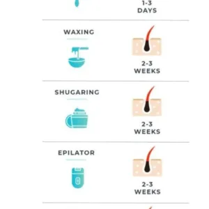 Infographie comparant la durée des résultats des méthodes : rasage, cire, sucre, épilateur, et laser.
