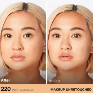 Comparaison Avant/Après non retouchée du fond de teint Maybelline Fit Me Matte + Poreless, teinte 220. Peau visiblement unifiée et matifiée.
