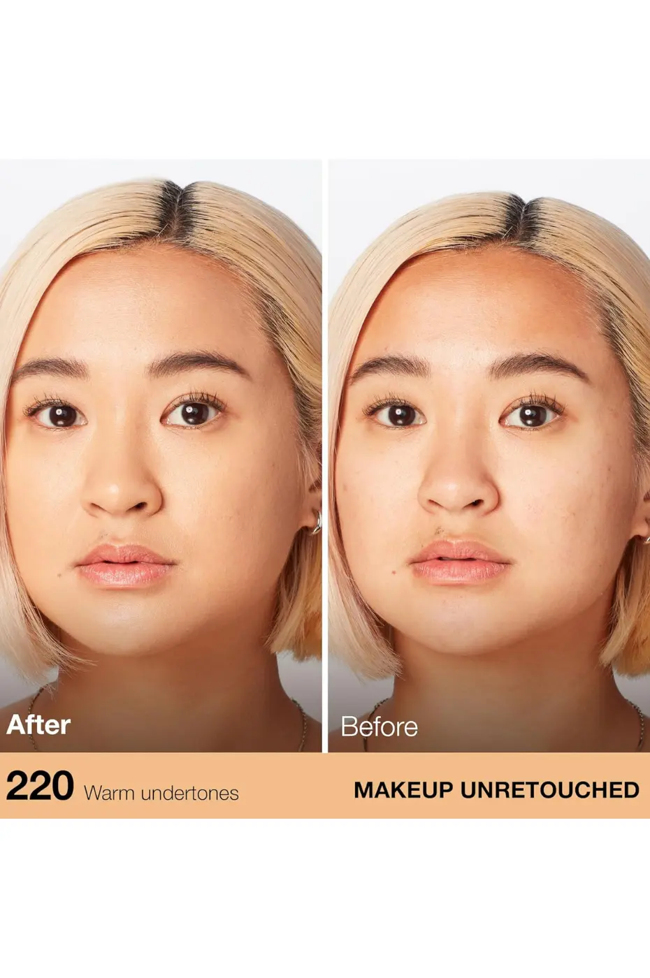 Réalité Fit Me 220 : Transformation Non Retouchée (Avant/Après) Comparaison Avant/Après non retouchée du fond de teint Maybelline Fit Me Matte + Poreless, teinte 220. Peau visiblement unifiée et matifiée.