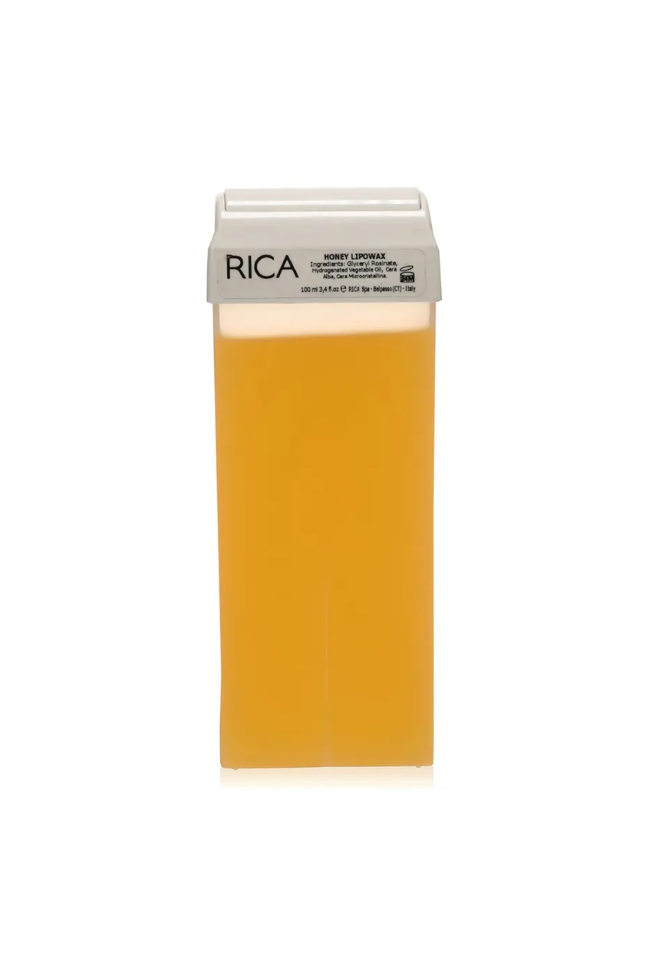 Recharge Cire Roll-on Rica Cartouche cire roll-on Rica Miel 100ml texture jaune visible et tête d'application pour épilation
