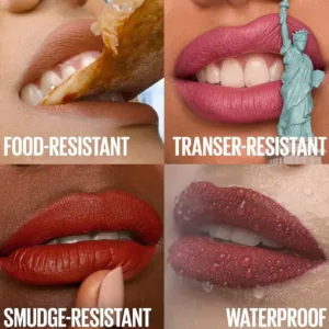 Collage de quatre images illustrant la résistance du Matte Ink : résistant à la nourriture, au transfert, aux bavures (smudge) et à l'eau (waterproof).