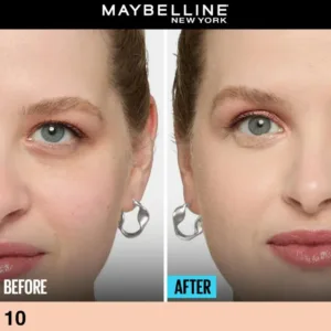 Visage d'une femme "avant" et "après" l'application du Correcteur Maybelline Fit Me teinte N°10, pour un teint plus uniforme.