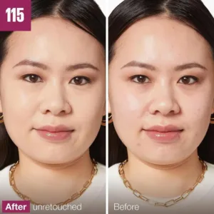Photo non retouchée montrant les résultats du correcteur Maybelline 115. Visage Avant (imperfections) vs Visage Après (teint unifié).