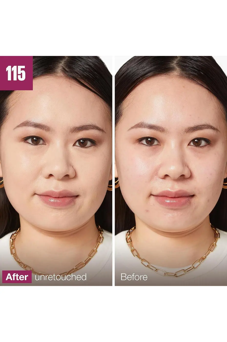 Résultat Avant/Après Correcteur Maybelline Instant Anti-Âge 115 Photo non retouchée montrant les résultats du correcteur Maybelline 115. Visage Avant (imperfections) vs Visage Après (teint unifié).