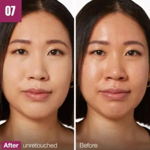 Comparaison avant et après du correcteur Maybelline N°07 Sand, montrant un teint plus uniforme et une finition naturelle.