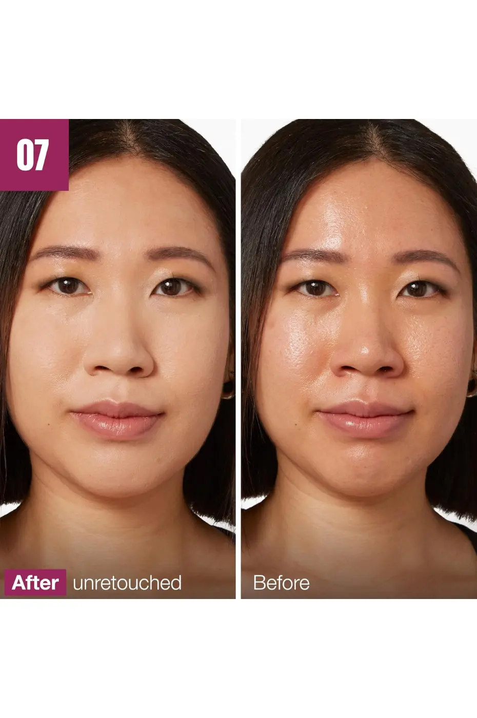 Résultat naturel Comparaison avant et après du correcteur Maybelline N°07 Sand, montrant un teint plus uniforme et une finition naturelle.