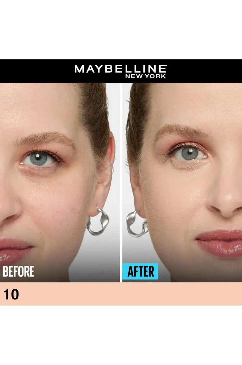 Résultat Visage d'une femme "avant" et "après" l'application du Correcteur Maybelline Fit Me teinte N°10, pour un teint plus uniforme.
