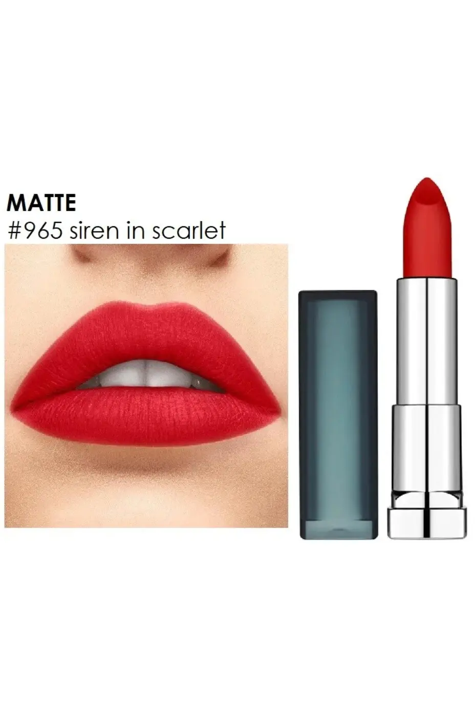 Rouge à Lèvres Maybelline Gros plan sur des lèvres portant le rouge à lèvres Maybelline Mat n°965 "Siren in Scarlet", à côté du tube ouvert.