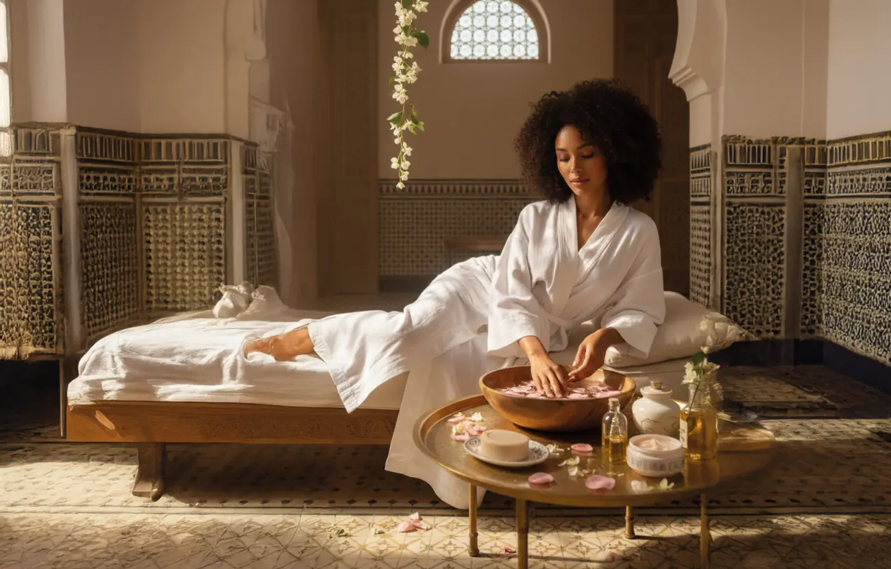 Une femme aux cheveux bouclés en peignoir blanc, assise dans un spa d'inspiration tunisienne, trempe délicatement ses doigts dans un bol en bois rempli d'eau et de pétales de rose. Un plateau doré avec des huiles et des crèmes repose à côté d'elle, sous une douce lumière matinale.