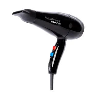 Sèche-cheveux noir professionnel MEGA POWER PRO 6000 avec un embout concentrateur fin, vu de profil.