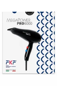 Boîte du sèche-cheveux noir MEGA POWER PRO 6000, 100% fabriqué en Italie