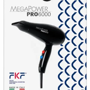 Boîte du sèche-cheveux noir MEGA POWER PRO 6000, 100% fabriqué en Italie