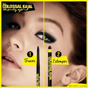Étapes pour un smoky eye avec le Colossal Kajal : 1. Tracer un trait épais. 2. Estomper immédiatement pour un effet charbonneux.