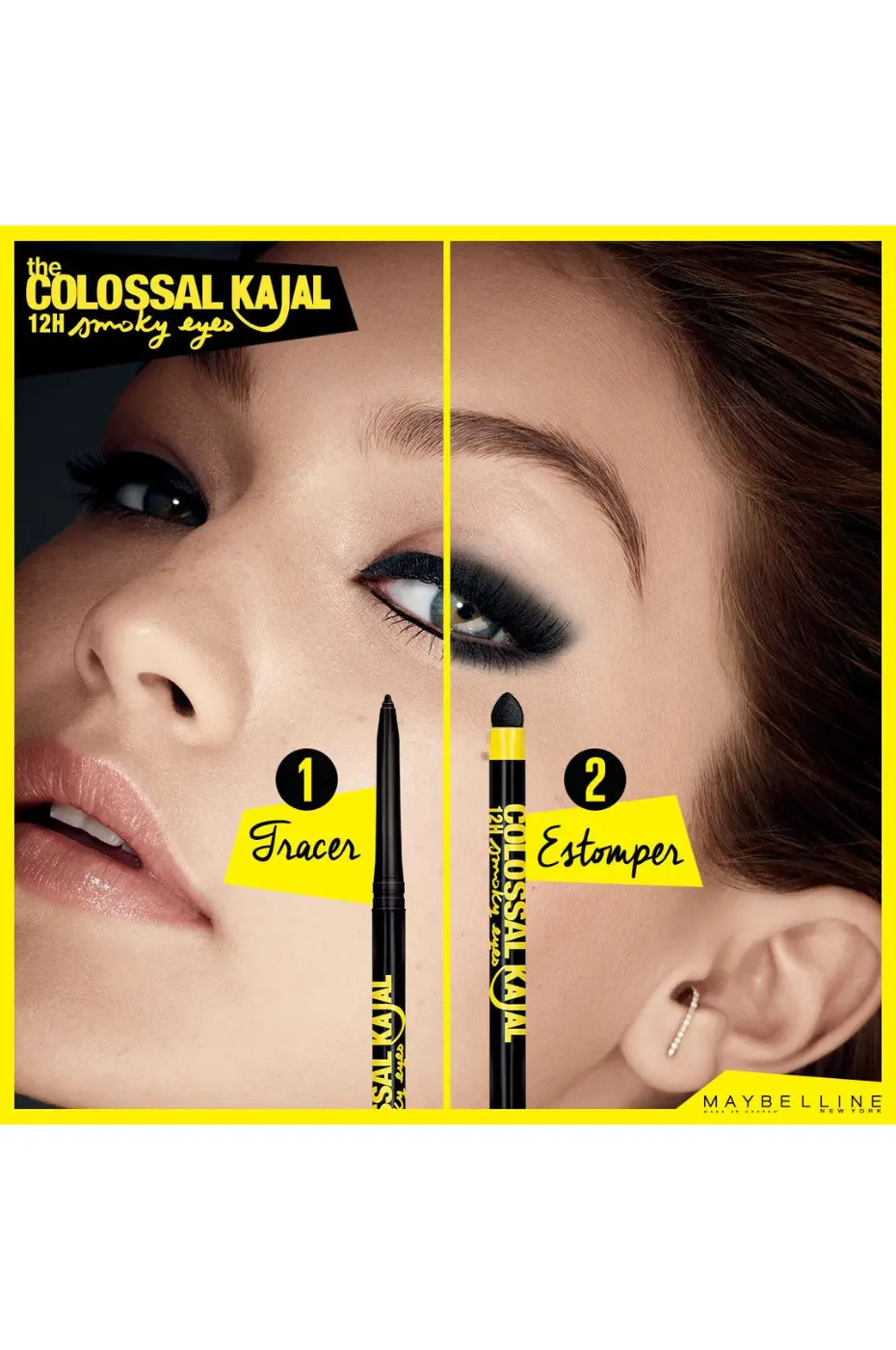 Smoky Eye 12h avec le Colossal Kajal Maybelline Étapes pour un smoky eye avec le Colossal Kajal : 1. Tracer un trait épais. 2. Estomper immédiatement pour un effet charbonneux.