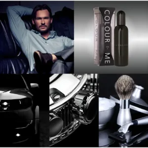 Collage montrant le parfum Colour Me Black, un homme élégant, des détails d'une voiture de luxe et des accessoires de rasage.