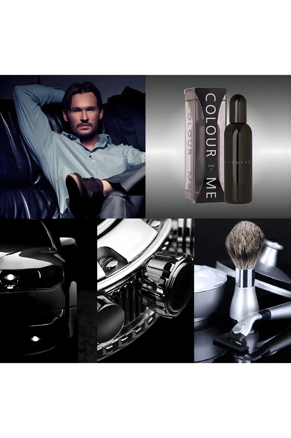 Style de Vie & Masculinité Collage montrant le parfum Colour Me Black, un homme élégant, des détails d'une voiture de luxe et des accessoires de rasage.
