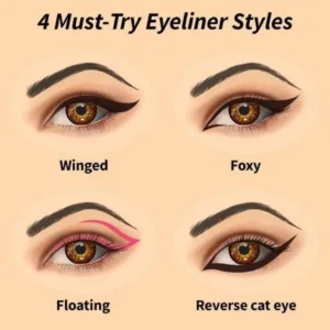 Guide des 4 styles d'eyeliner incontournables : Winged, Foxy, Floating et Reverse Cat Eye.