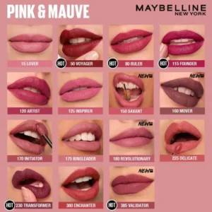 Nuancier MAYBELLINE SuperStay Matte Ink : Collection "Pink & Mauve". De Lover à Transformer, une palette de roses mats.