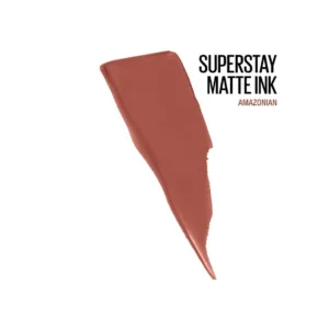 Échantillon (swatch) de la teinte "Amazonian" du rouge à lèvres liquide Maybelline Super Stay Matte Ink, couleur terre cuite.