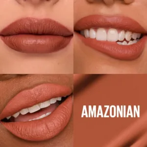 Collage de lèvres portant le rouge à lèvres Maybelline Matte Ink N°70 "Amazonian", couleur terre cuite, avec échantillon de couleur.