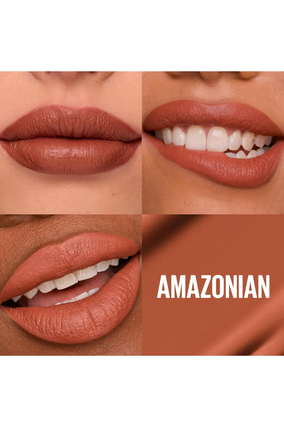 Teinte Amazonian Maybelline Collage de lèvres portant le rouge à lèvres Maybelline Matte Ink N°70 "Amazonian", couleur terre cuite, avec échantillon de couleur.