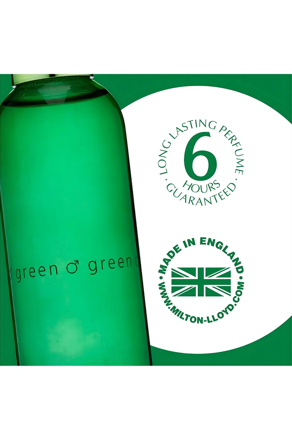 Tenue 6H Garantie Gros plan du parfum Colour Me Green, mentionnant une tenue de 6 heures garantie et l'origine : "Made in England" par Milton Lloyd.