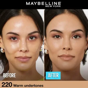 Avant/Après avec le fond de teint Maybelline Fit Me Matte + Poreless, teinte 220 (sous-tons chauds). Le résultat est un teint unifié et matifié.