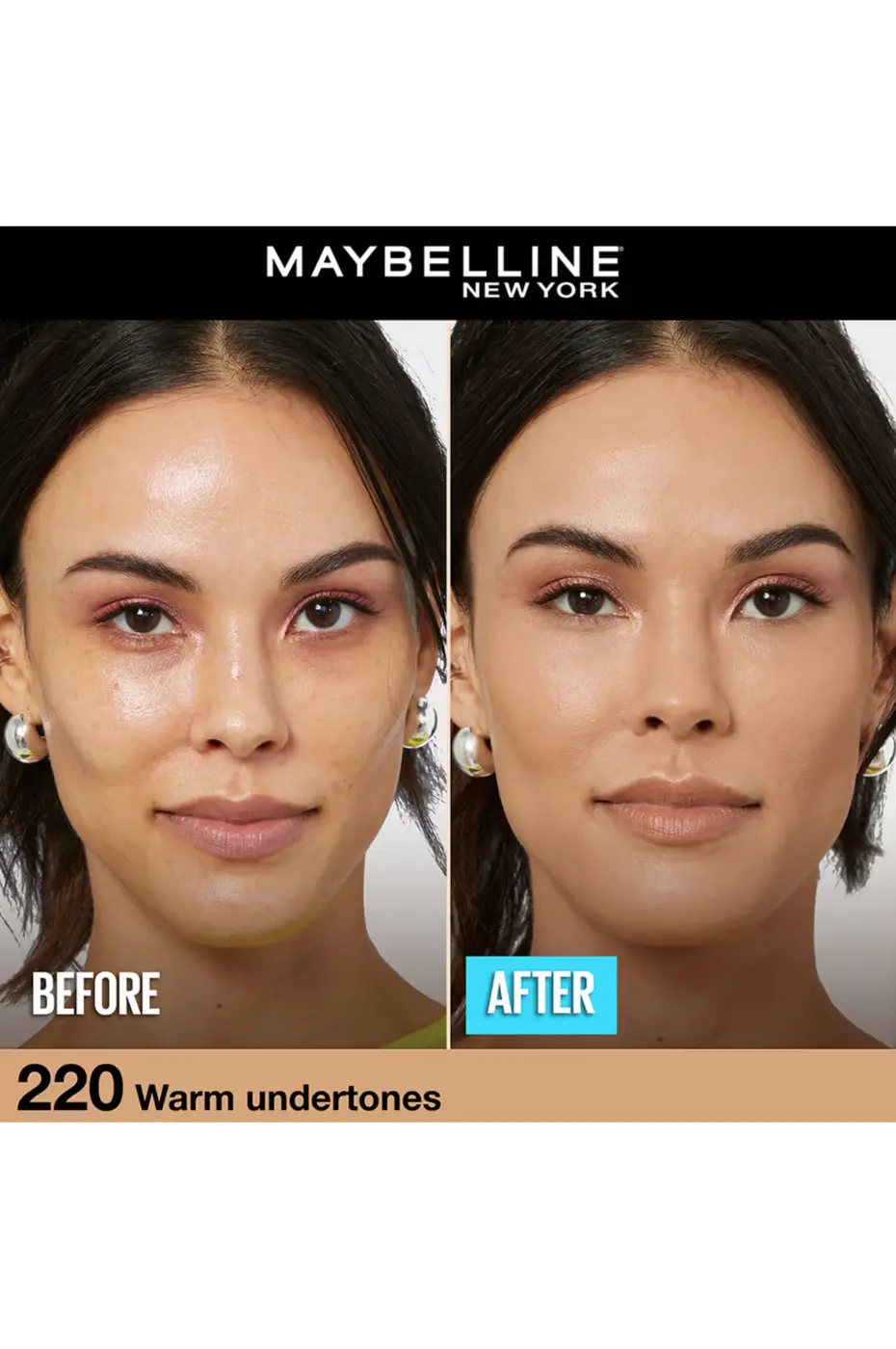 Transformation Teint Mat : Maybelline Fit Me 220 (Avant/Après) Avant/Après avec le fond de teint Maybelline Fit Me Matte + Poreless, teinte 220 (sous-tons chauds). Le résultat est un teint unifié et matifié.