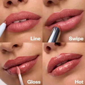 4 étapes : Crayon HEAN N°510 utilisé pour le contour (Line), application de rouge à lèvres (Swipe), gloss (Gloss) pour le look final (Hot).